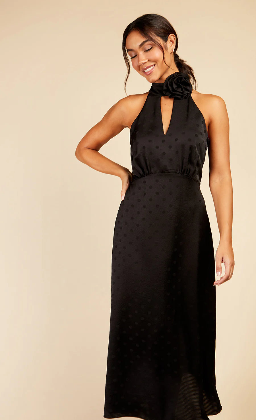 Limited Stock, Big Sale Lorna Rosette Midaxi Dress (Black Spot Print)