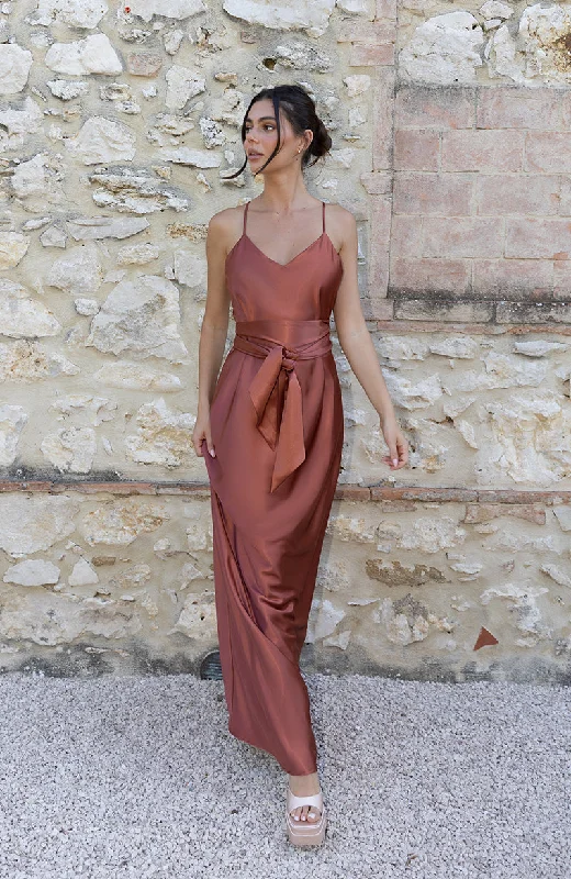 Stylish Clothes For Women Brooklyn Dress in Terracotta Satin