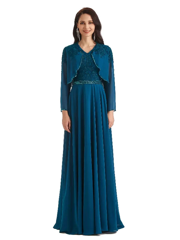 Chic And Trendy Elegant A-line Chiffon Long Lace Mother of The Bride Dresses With Jacket Chic And Trendy Elegant A-line Chiffon Long Lace Mother of The Bride Dresses With Jacket