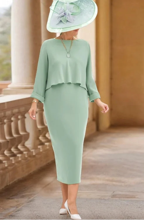Premium Fashion Sheath / Column Mother of the Bride Dress Jewel Neck Tea Length Stretch Fabric 3/4 Length Sleeve with Pleats Premium Fashion Sheath / Column Mother of the Bride Dress Jewel Neck Tea Length Stretch Fabric 3/4 Length Sleeve with Pleats