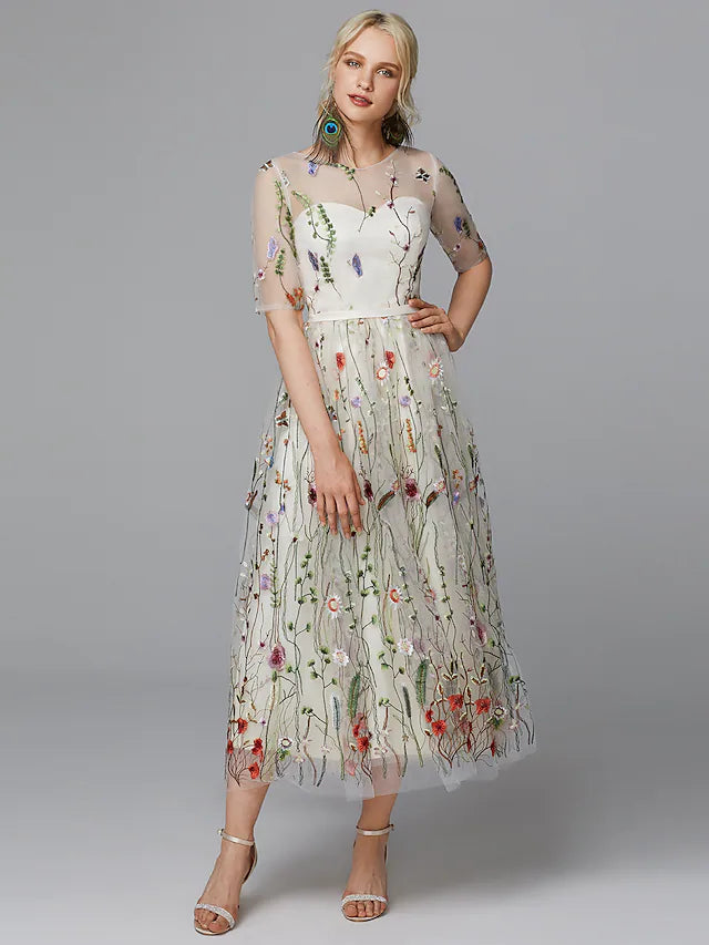 Day-To-Night Styles A-Line White Dress Holiday Tea Length Half Sleeve Illusion Neck Lace with Embroidery Appliques Day-To-Night Styles A-Line White Dress Holiday Tea Length Half Sleeve Illusion Neck Lace with Embroidery Appliques