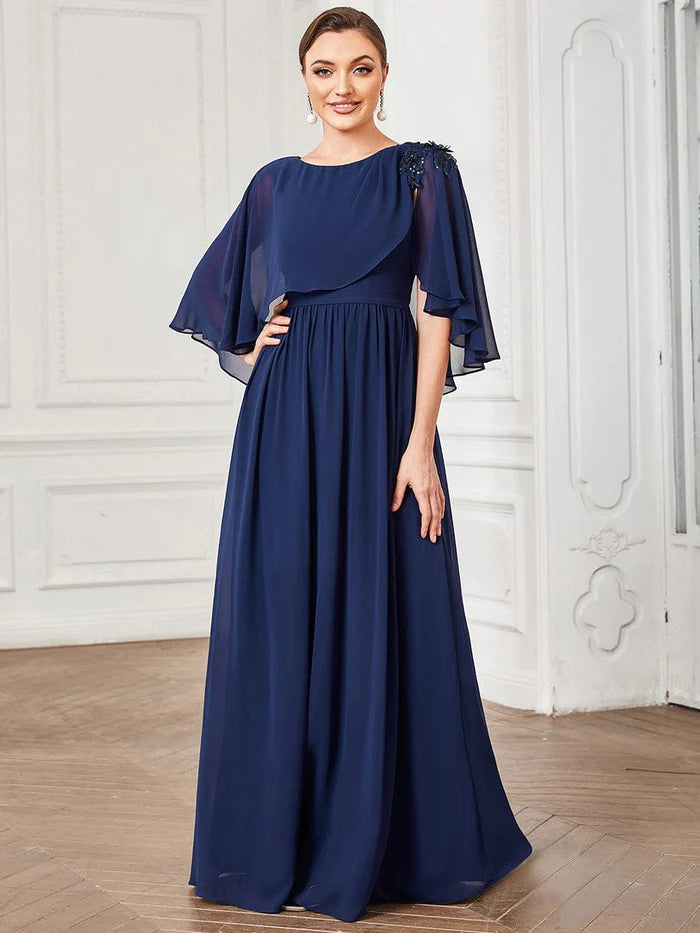 Fashionable Comfort Promotions Sheer Bell Sleeve Capelet Maxi Mother of the Bride Dress