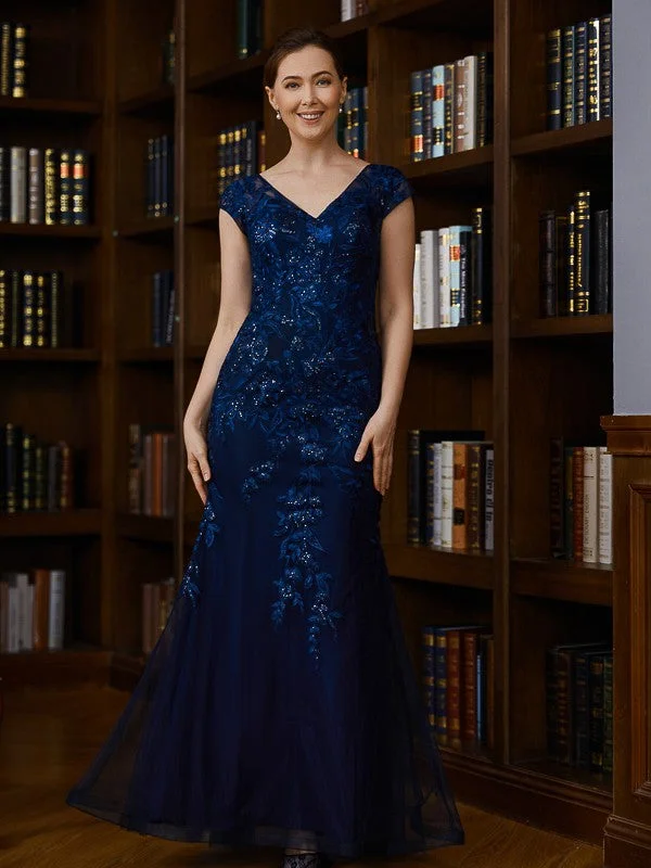 Everyday Basics Mother of the Bride Dresses Sheath Column Tulle Applique V-neck Short Sleeves Floor-Length Everyday Basics Mother of the Bride Dresses Sheath Column Tulle Applique V-neck Short Sleeves Floor-Length