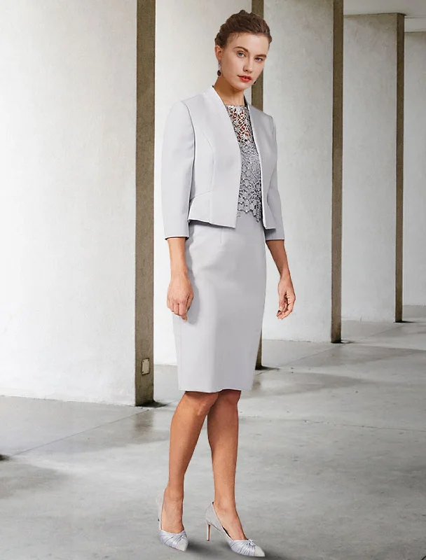 Flash Sale Fever Two Piece Sheath / Column Mother of the Bride Dress Church Elegant Jewel Neck Knee Length Chiffon Lace Short Sleeve Short Jacket Dresses with Appliques Flash Sale Fever Two Piece Sheath / Column Mother of the Bride Dress Church Elegant Jewel Neck Knee Length Chiffon Lace Short Sleeve Short Jacket Dresses with Appliques