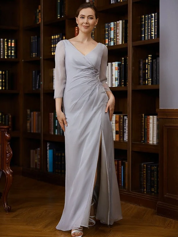 Hot Sale Mother of the Bride Dresses Sheath Chiffon Beading V-neck 3/4 Sleeves Floor-Length Hot Sale Mother of the Bride Dresses Sheath Chiffon Beading V-neck 3/4 Sleeves Floor-Length