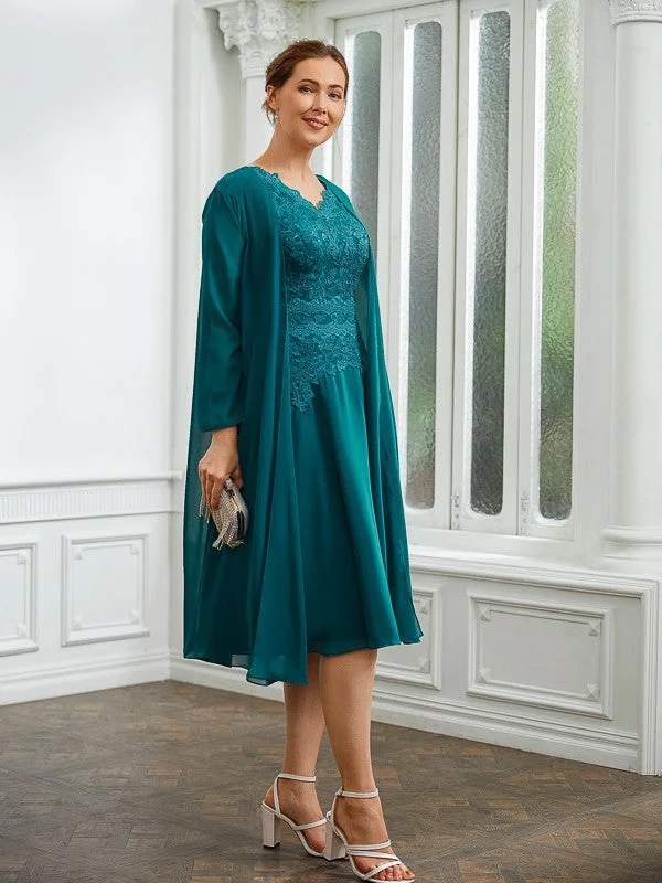 New Styles Just In A-Line/Princess Chiffon Ruched V-neck Short Sleeves Knee-Length Mother of the Bride Dresses