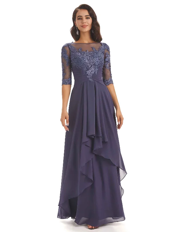 Low Price Special Half Sleeves Appliques Chiffon Elegant Floor-length Mother Of The Bride Dresses