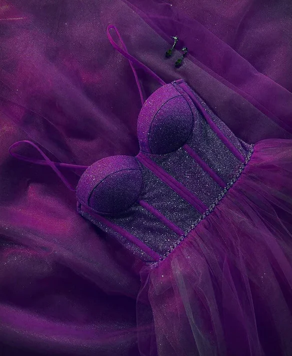Women's Outerwear Attire Purple Sparkly Sweetheart Corset Tulle Dress   S873