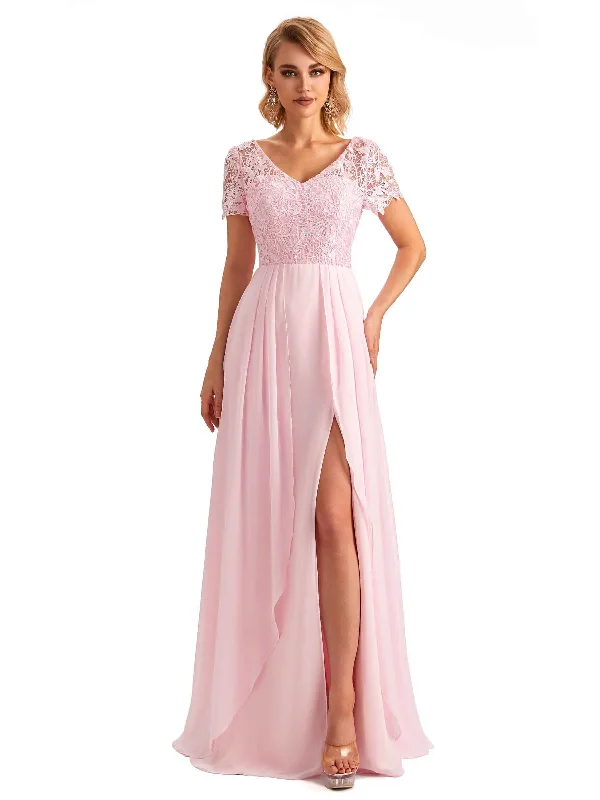 Flash Sale Fever Elegant Side Slit Chiffon Short Sleeves A-line Long Mother of the Brides Dresses