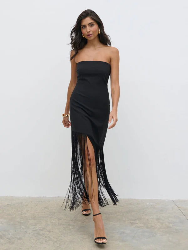 Women's Casual Garments Eliana Bandeau Asymmetric Fringed Dress (Black)