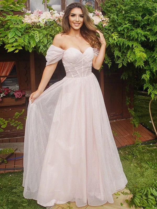 Women's Transitional Attire A-Line/Princess Ruched Off-the-Shoulder Short Sleeves Sweep/Brush Train Dresses