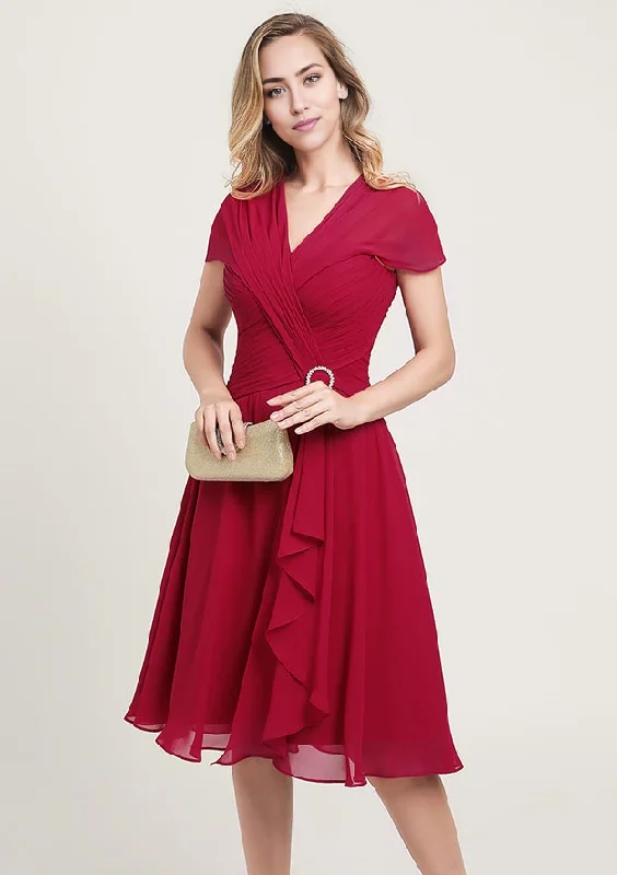 Casual Attire For Women Chiffon Mother of the Bride Dress V Neck Short Sleeve Knee-Length With Sequins Beading Ruffles Casual Attire For Women Chiffon Mother of the Bride Dress V Neck Short Sleeve Knee-Length With Sequins Beading Ruffles