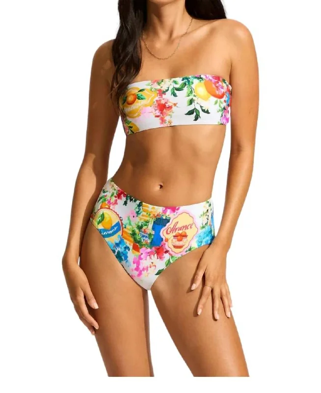 Women's Relaxed Clothes High Waisted Bandeau Postcard Print Bikini In White Multi