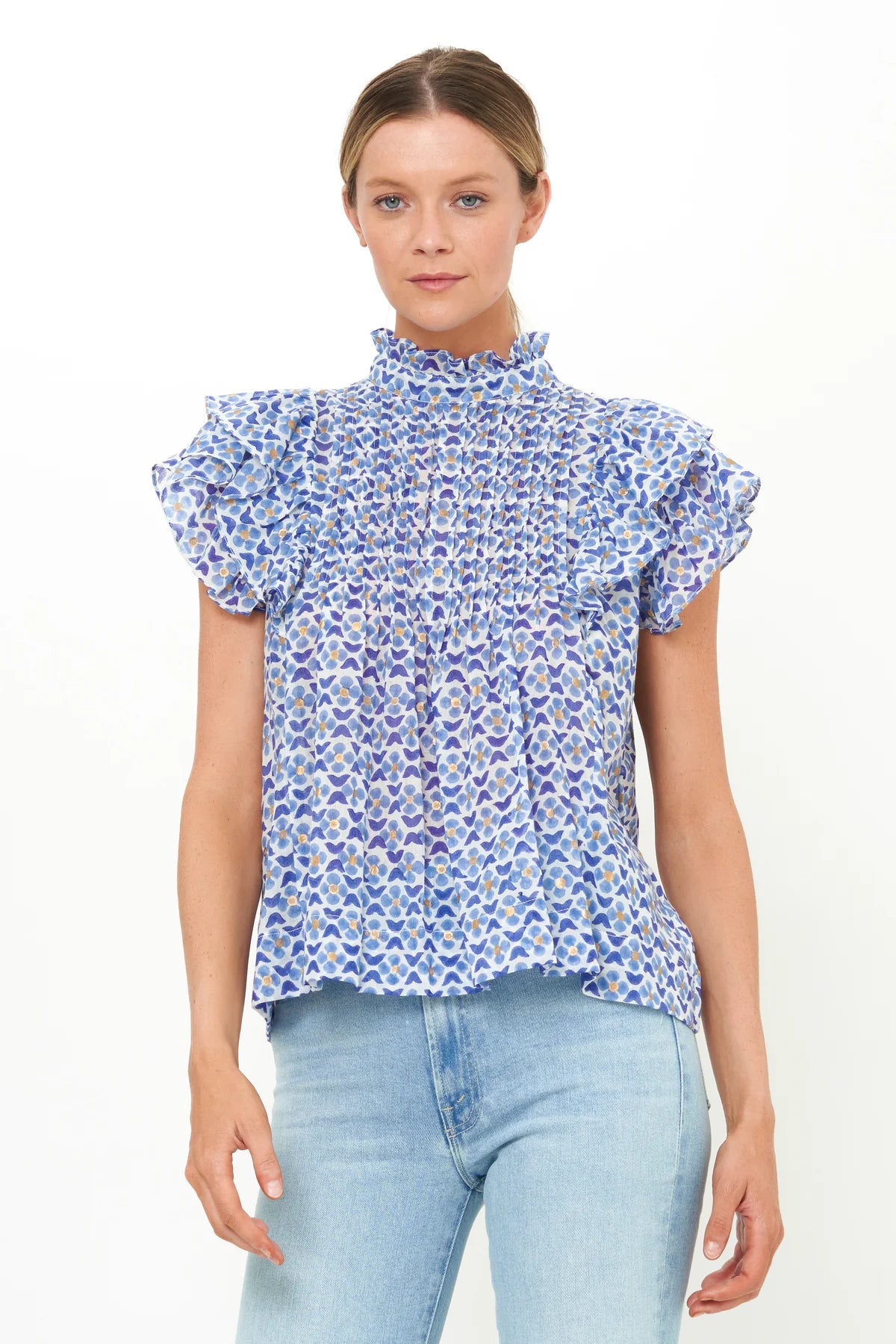 Embrace New Fashion Pintuck Ruffle Top - Veranda Blue