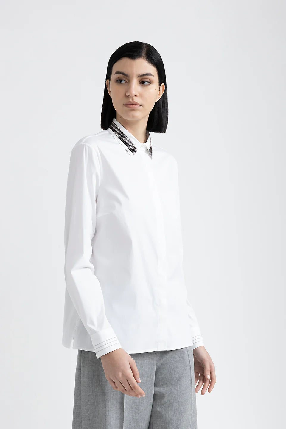 Street Style Discounts Stretch Cotton Poplin Embellished Collar Shirt - White