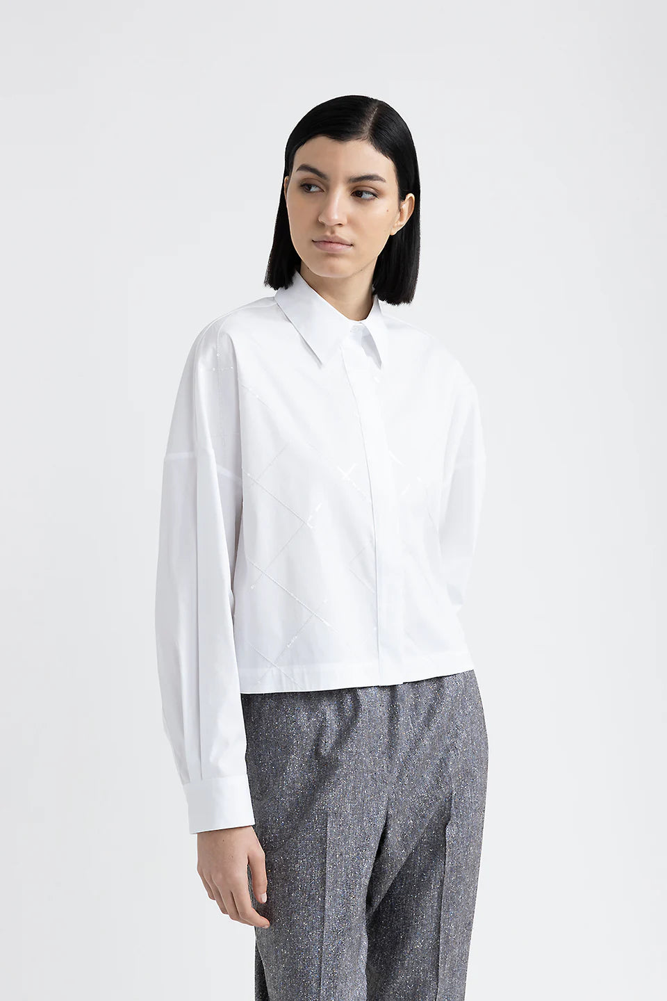 Classic Elegance Sales Cropped Sequin Shirt - White