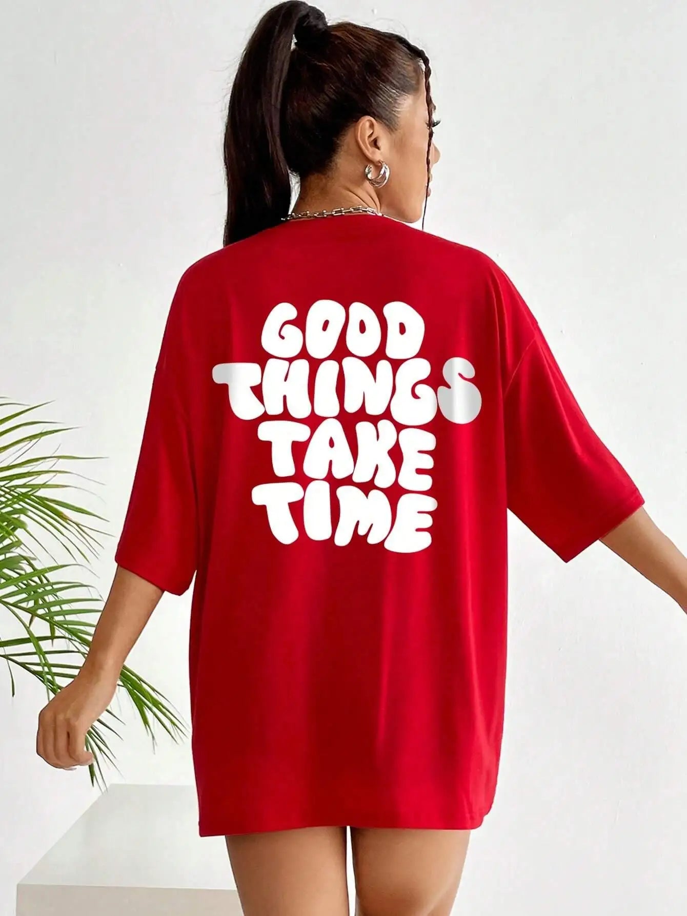 Women's Vacation Clothes FZ Women's Good Things Take Time Art Letter Oversized Tee