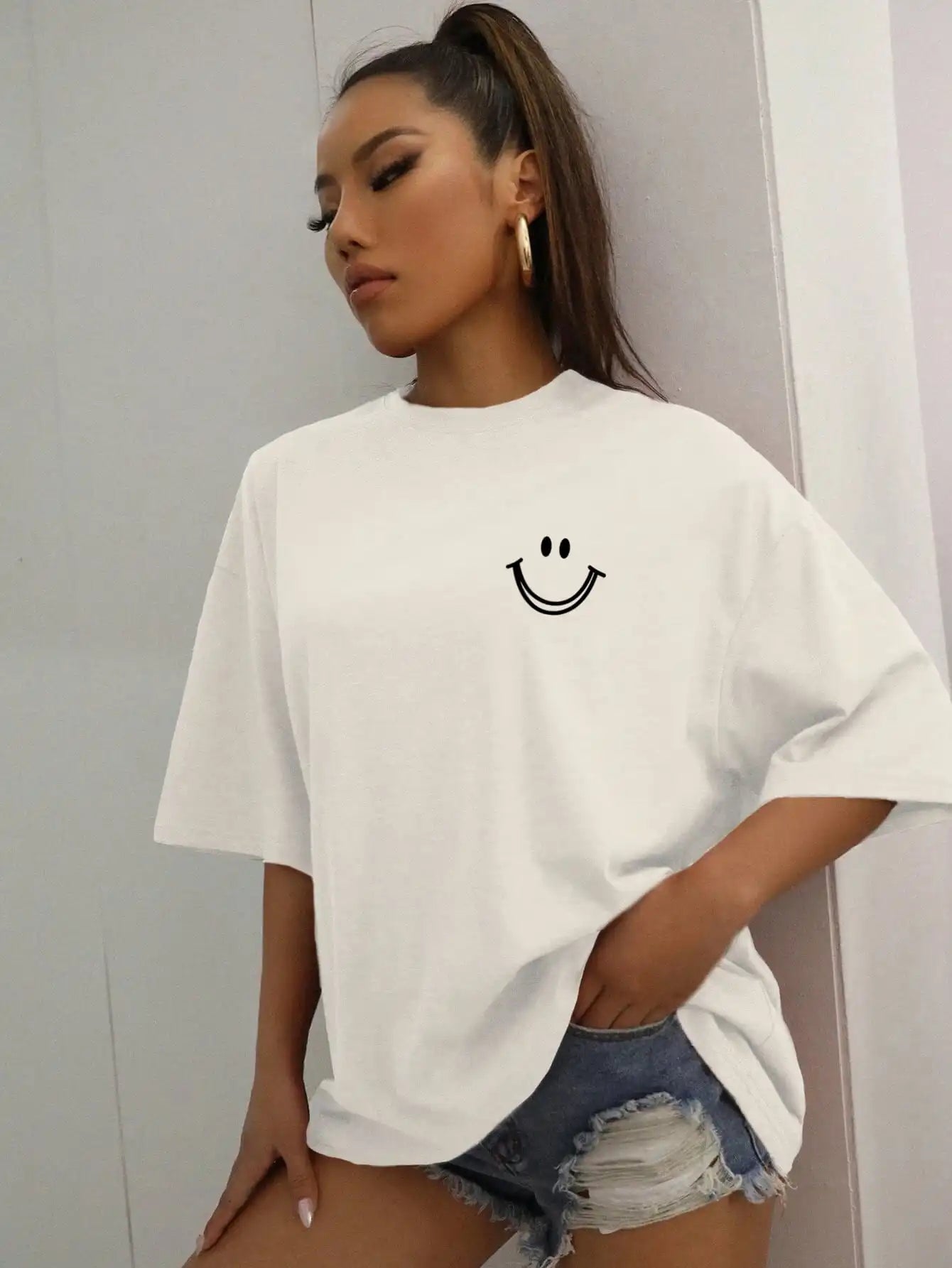 Women's Professional Garments FZ Women's Happy Expression Printed Street Hip Hop Oversized Tee