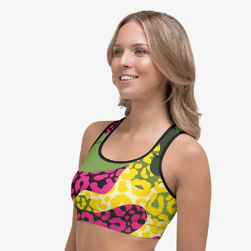 Women's Work Apparel Animal Printed Sports Bra "Camocheetah" Green/Yellow/Pink