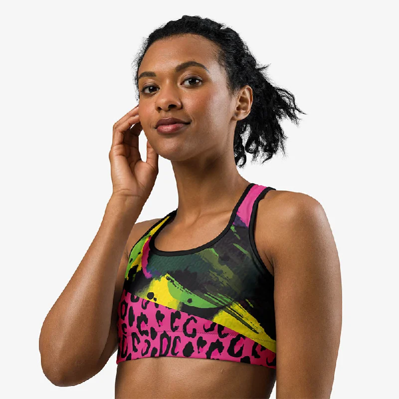 Women's Functional Outdoor Garments Animal Printed Sports Bra "Wild Canvas" Green/Pink/Yellow