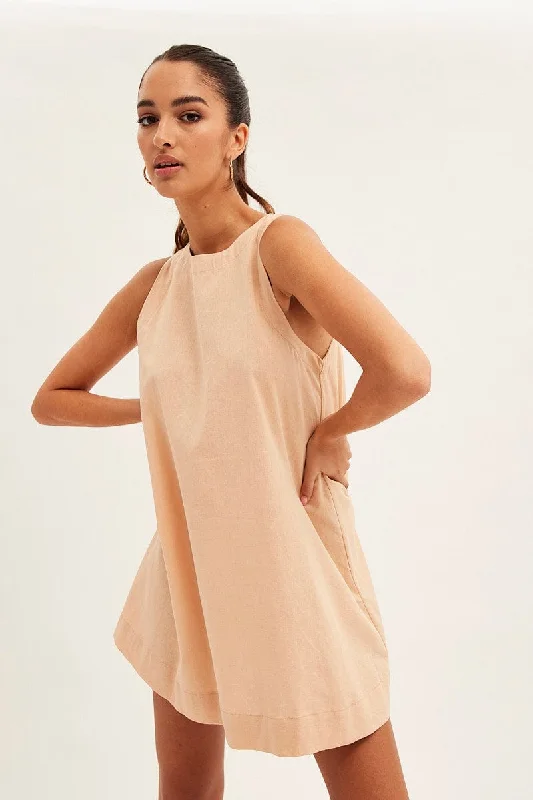 Women's Clothes For Work Events Beige Swing Dress Sleeveless