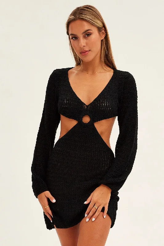 Women's Loungewear Clothes Black Crochet Long Sleeve Mini Cut Out Dress