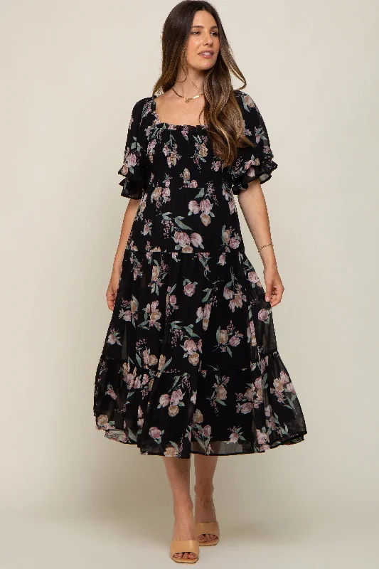 Women's Plus-Size Casual Outfit Black Floral Chiffon Ruffle Square Neck Smocked Maternity Midi Dress