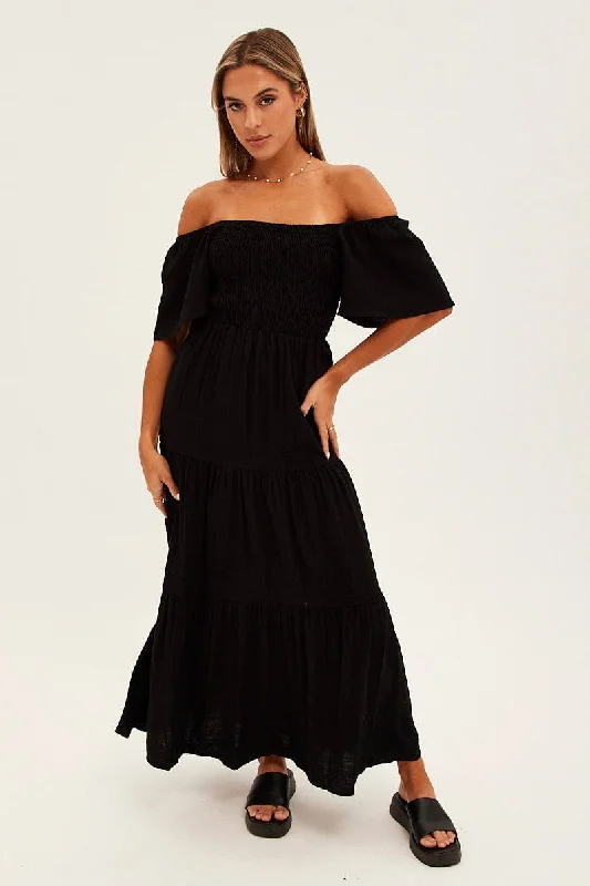 Women's Vintage Clothes Black Shirred Bell Sleeve Midi Dress
