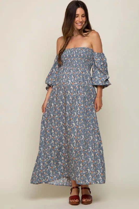 Women's Outerwear Garments Blue Floral Square Neck Smocked Long Sleeve Maternity Maxi Dress