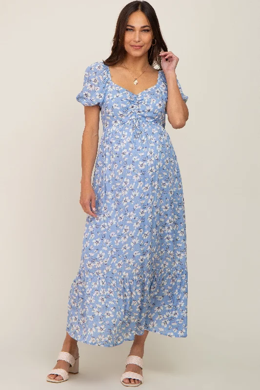 Comfortable Women's Attire Blue Floral Sweetheart Drawstring Neck Short Sleeve Maternity Midi Dress