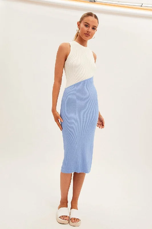 Women's Work Apparel Blue Midi Dress Round Neck Colour Blocked Knit