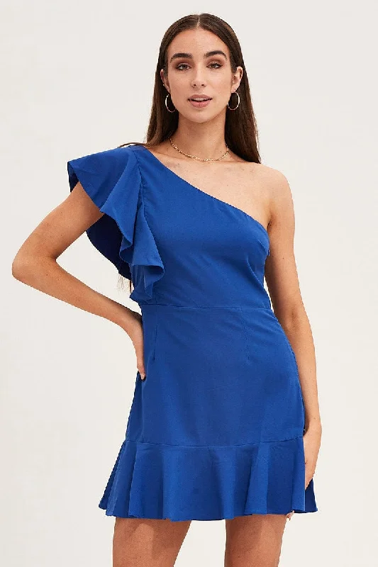 Chic Women's Attire Blue Mini Dress Sleeveless One Shoulder Ruffled