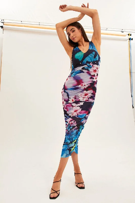 Women's Weekend Outfit Blue Printed Dress Butterfly And Flower Ruched Bodycon