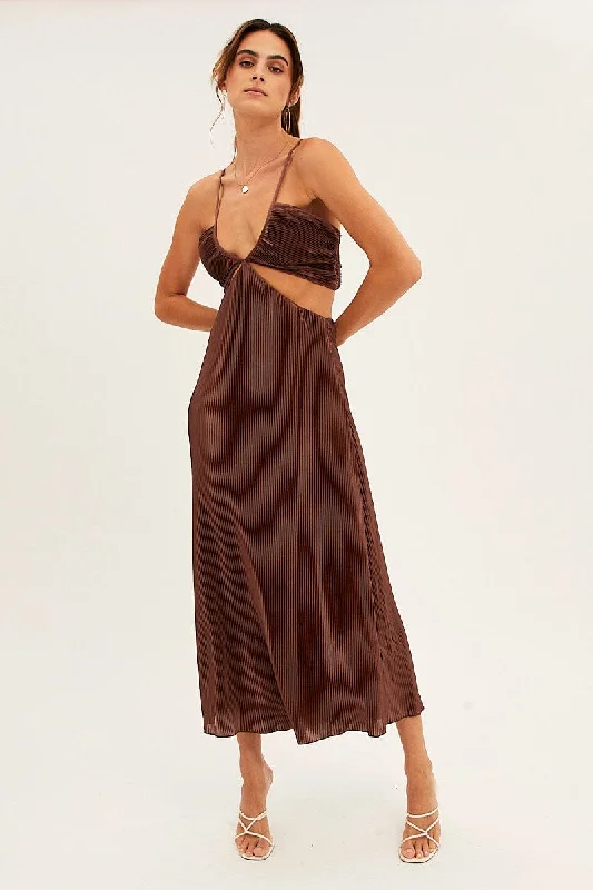 Formal Outfit For Women Brown Plisse Midi Dress Tie Back