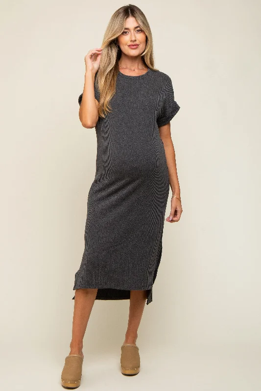 Women's Resort Attire Charcoal Ribbed Short Sleeve Maternity Midi Dress