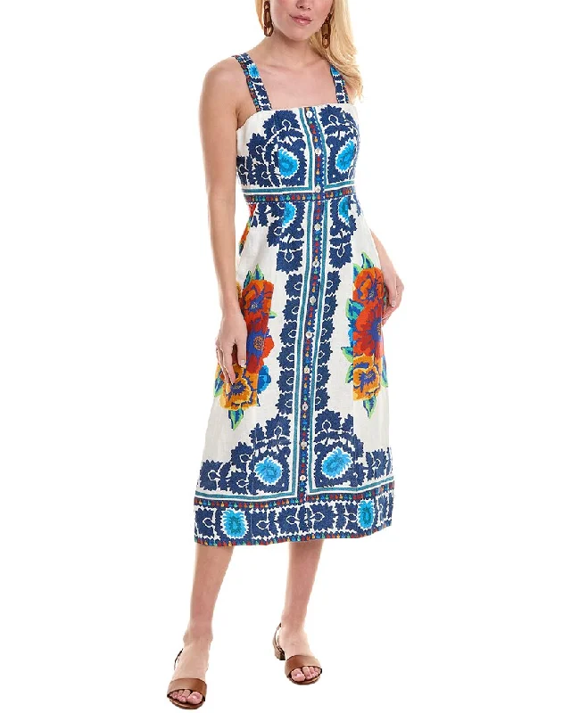 Women's Effortless Casual Outfit FARM Rio Flower Tapestry Button Front Linen Midi Dress