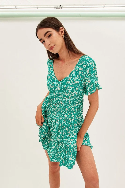 Women's Plus-Size Outfit Floral Print Sun Dress Mini Short Sleeve V Neck