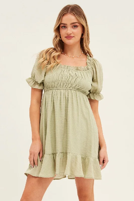 Women's Occasion Wear Clothes Green Gathered Bust Skater Dress