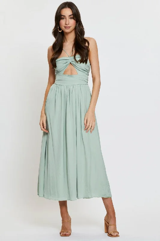 Timeless Women's Outfit Green Midi Dress Evening Halter Neck Satin