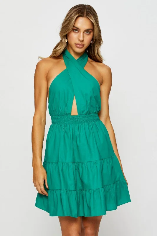 Women's Attire Green Mini Dress Halter Neck Linen