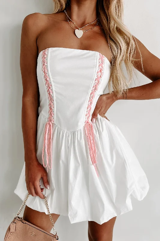 Women's Casual Clothing For Lounging Iconic Reputation Lace-Up Strapless Bubble Dress (Off White)