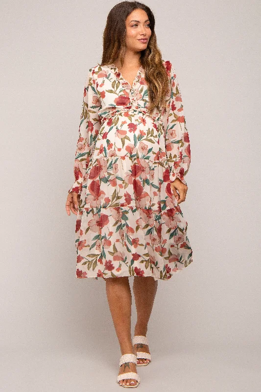 Women's Clothes Ivory Floral Ruffle V-Neck Maternity Dress