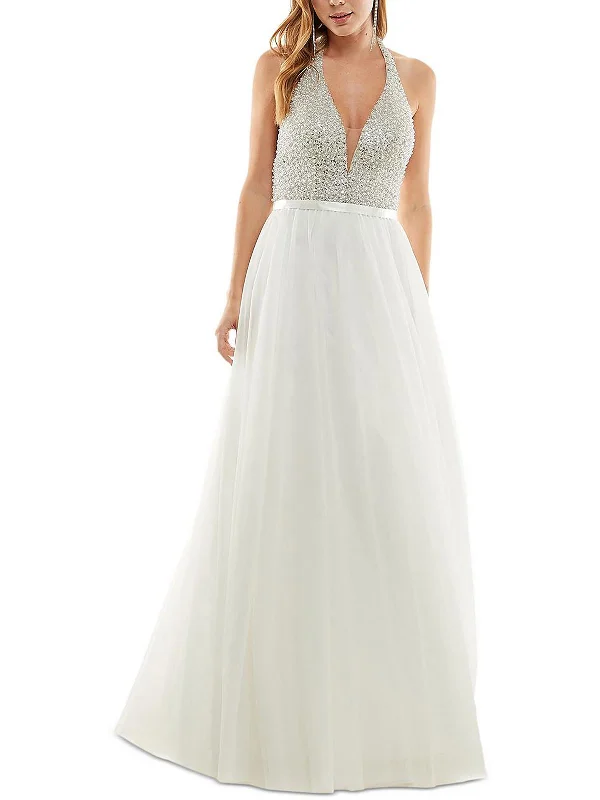 Vintage-Inspired Women's Apparel Juniors Womens Beaded Halter Evening Dress