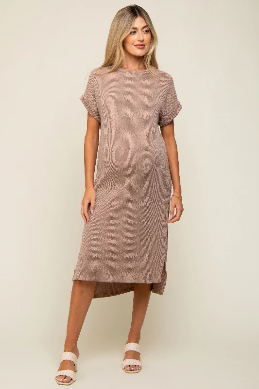 Women's Outerwear Apparel Mocha Ribbed Short Sleeve Maternity Midi Dress