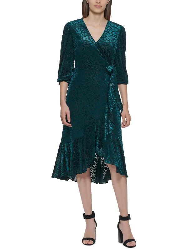 Women's Outfit Petites Womens Velvet Burnout Mid-Calf Wrap Dress