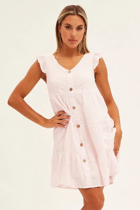 Women's Elegant Clothes Pink Button Front Mini Swing Dress
