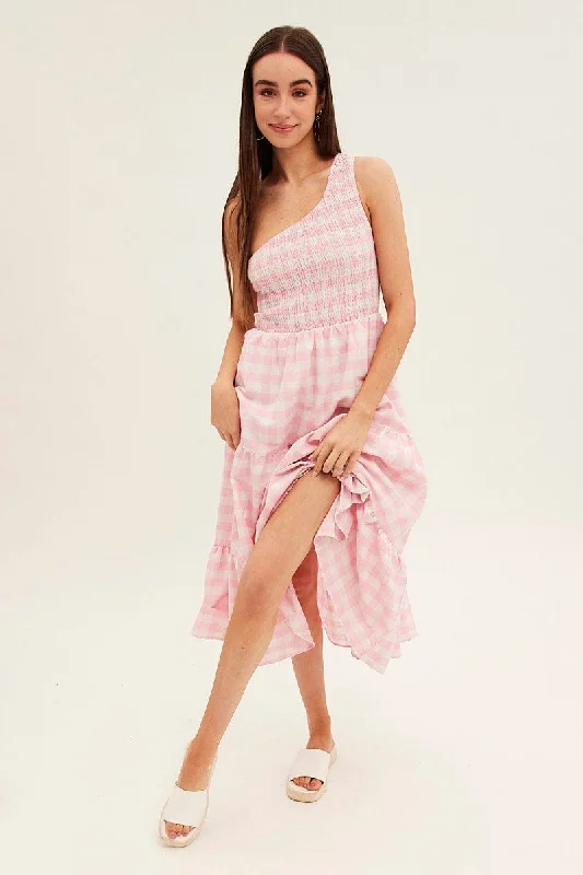 High-Fashion Women's Clothing Pink Check Midi Dress One Shoulder Shirred Body