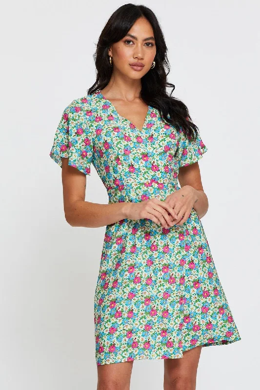 Women's Clothing Outfit Set Print Fit And Flare Dress Short Sleeve V Neck