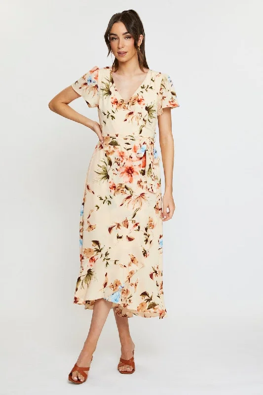Women's Seasonal Attire Print Midi Dress Short Sleeve V Neck