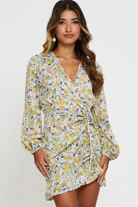 Women's Functional Outdoor Garments Print Mini Dress Long Sleeve Bodycon